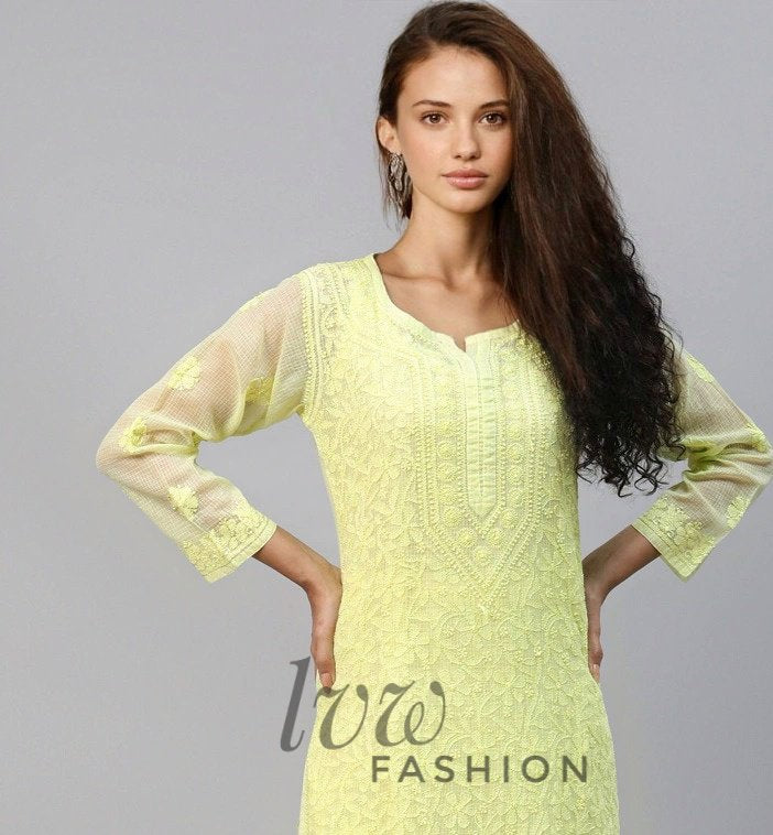Elegant LVW Fashion premium georgette kurta with intricate Chikankari embroidery in soft shades, showcased on a model.
