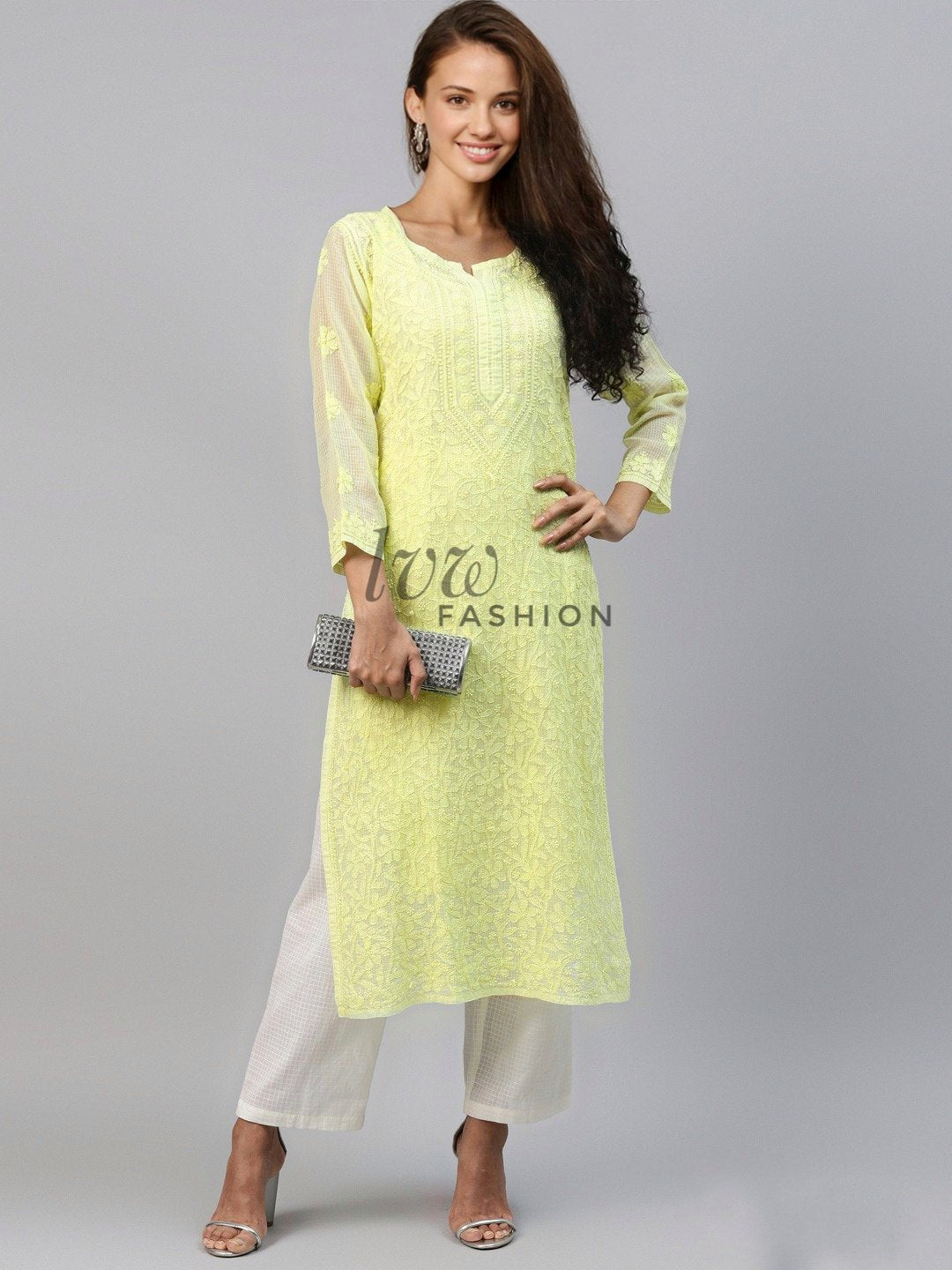 Elegant LVW Fashion premium georgette kurta with intricate chikankari embroidery in soft shades, featuring a stylish neckline and flowy fit.