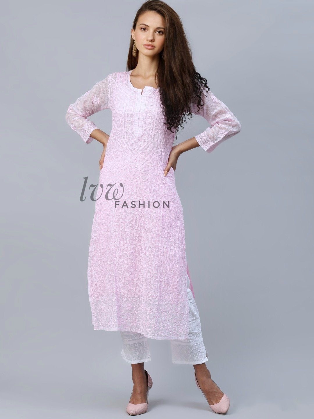 Elegant LVW Fashion luxurious Chikankari georgette kurta with subtle shades, showcasing intricate embroidery and a graceful design.