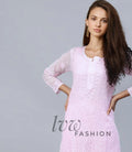 Elegant LVW Fashion premium georgette kurta with Chikankari embroidery, showcasing intricate detailing and soft fabric in shades.