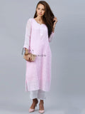 Elegant LVW Fashion premium georgette kurta with intricate chikankari embroidery in soft shades, displayed on a model.
