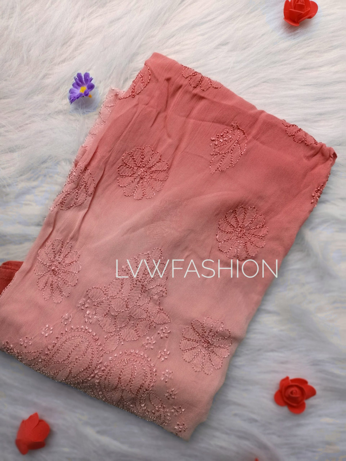 Beautiful peach long kurta with Resham thread embroidery and georgette fabric from LVW Fashion Luxurious Chikankari, includes slip.