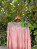 Peach long kurta with Resham thread embroidery by LVW Fashion, made from premium georgette with slip for elegant traditional wear.