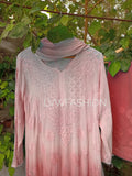 Beautiful peach long kurta with Resham thread embroidery, premium georgette fabric, and slip, from LVW Fashion Luxurious Chikankari.