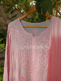 Beautiful peach long kurta with resham thread embroidery and slip, made from premium georgette fabric by LVW Fashion Luxurious Chikankari.