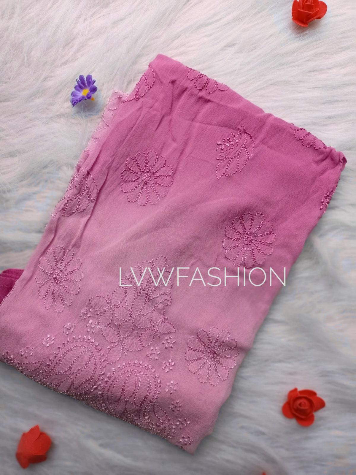 Beautiful peach long kurta with Resham thread embroidery and georgette fabric, featuring a matching slip, by LVW Fashion Luxurious Chikankari.
