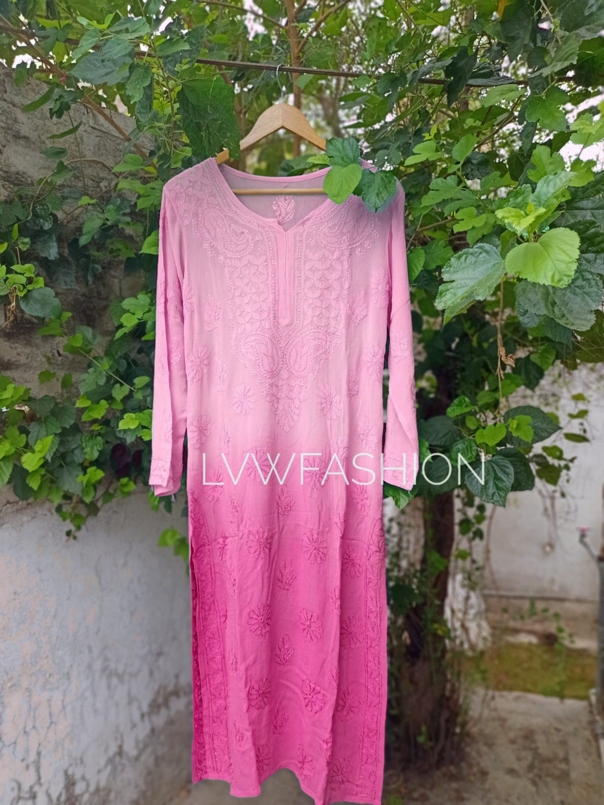 Beautiful peach Georgette long kurta with Resham thread embroidery and slip, by LVW Fashion Luxurious Chikankari.