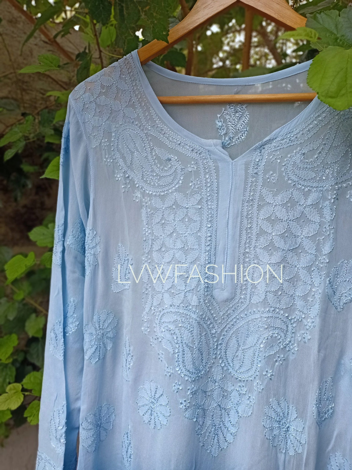 Beautiful peach long kurta with Resham thread embroidery and georgette fabric, by LVW Fashion Luxurious Chikankari, with slip.