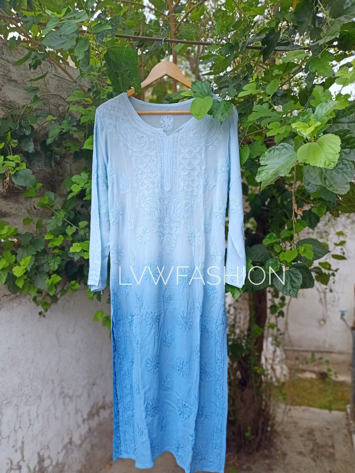 Beautiful peach long kurta with resham thread embroidery and slip, crafted from premium georgette by LVW Fashion Luxurious Chikankari.