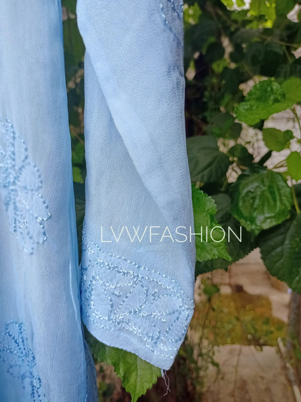 Beautiful peach long kurta by LVW Fashion with premium georgette, Resham thread embroidery, and matching slip, luxurious Chikankari style.