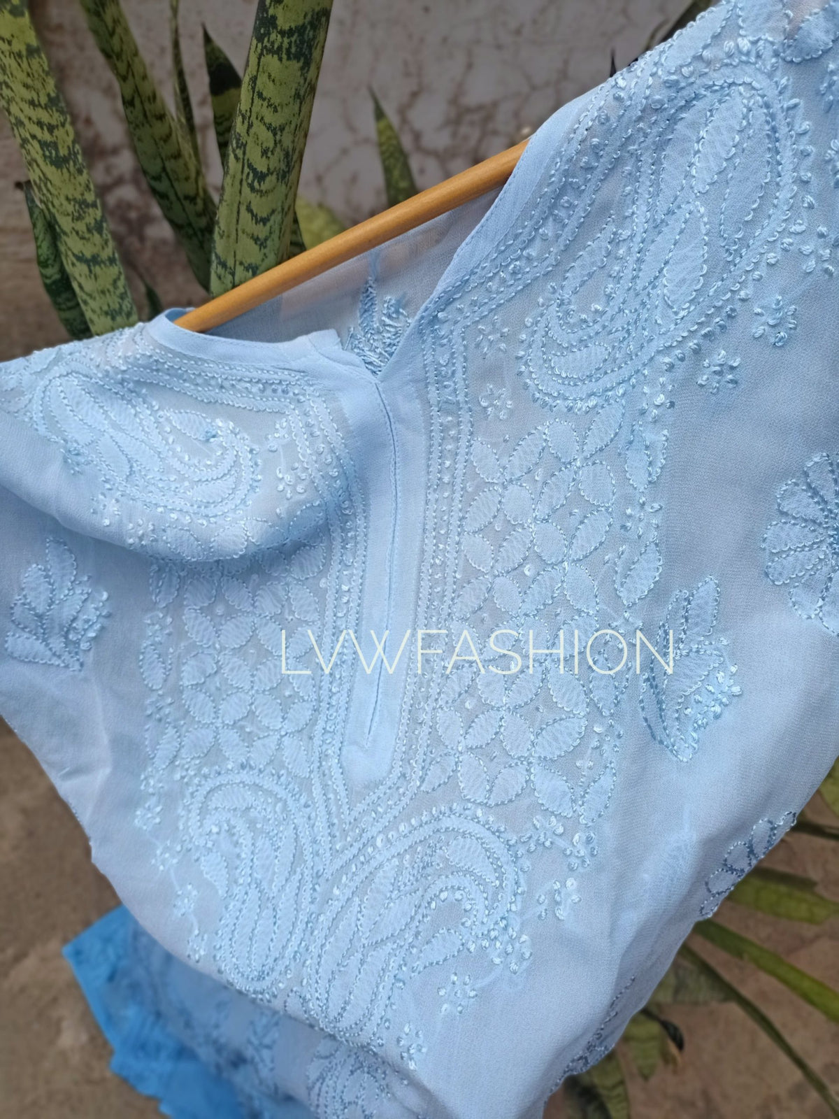 Beautiful peach long kurta with Resham thread embroidery and slip in premium Georgette fabric by LVW Fashion Luxurious Chikankari.