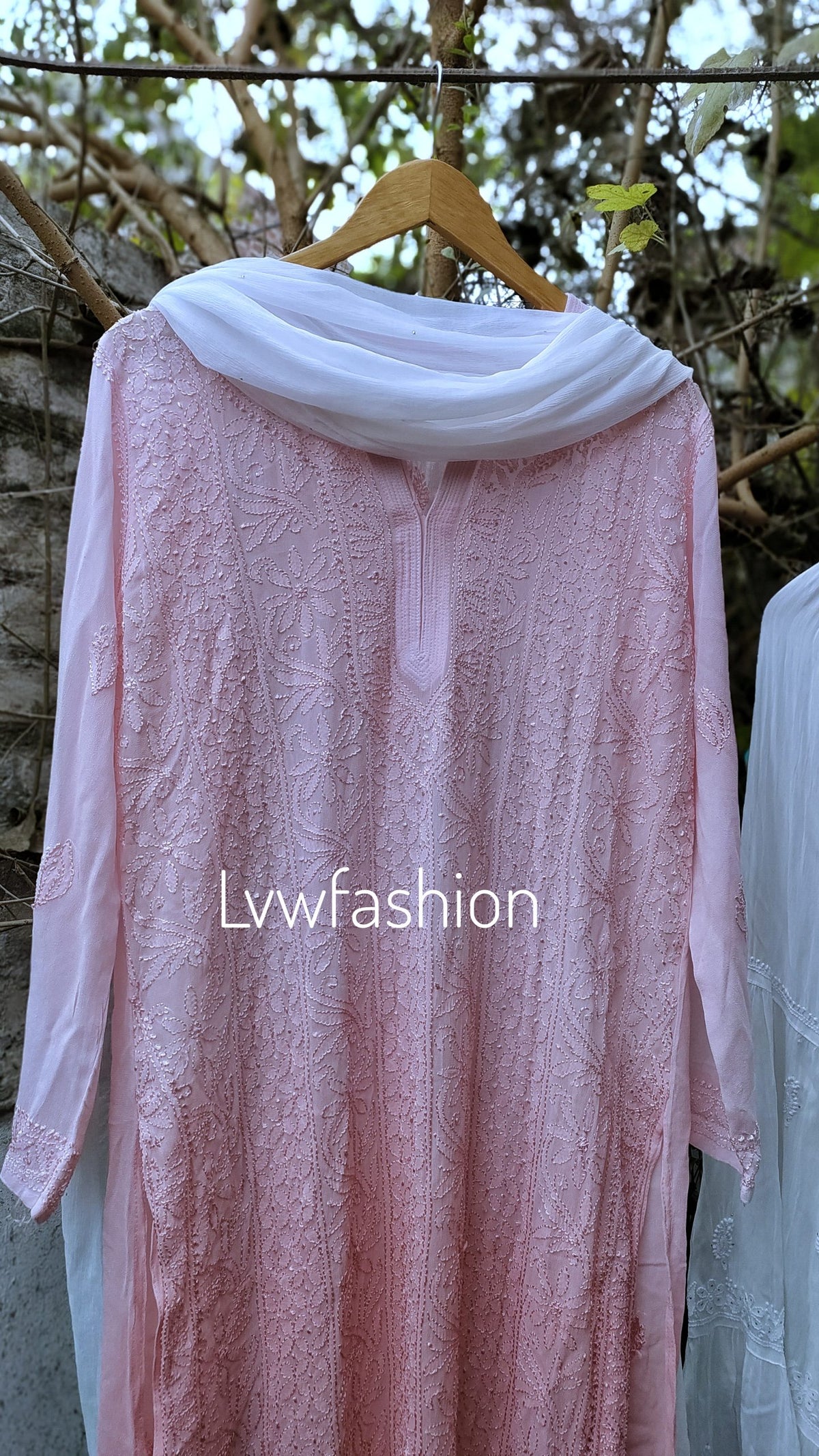 Peaches Premium Georgette Gharara 3-piece set by LVW Fashion with intricate Chikankari embroidery, includes kurta, gharara, and dupatta.