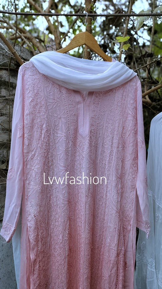 Peaches Premium Georgette Gharara 3-piece set by LVW Fashion with intricate Chikankari embroidery, includes kurta, gharara, and dupatta.
