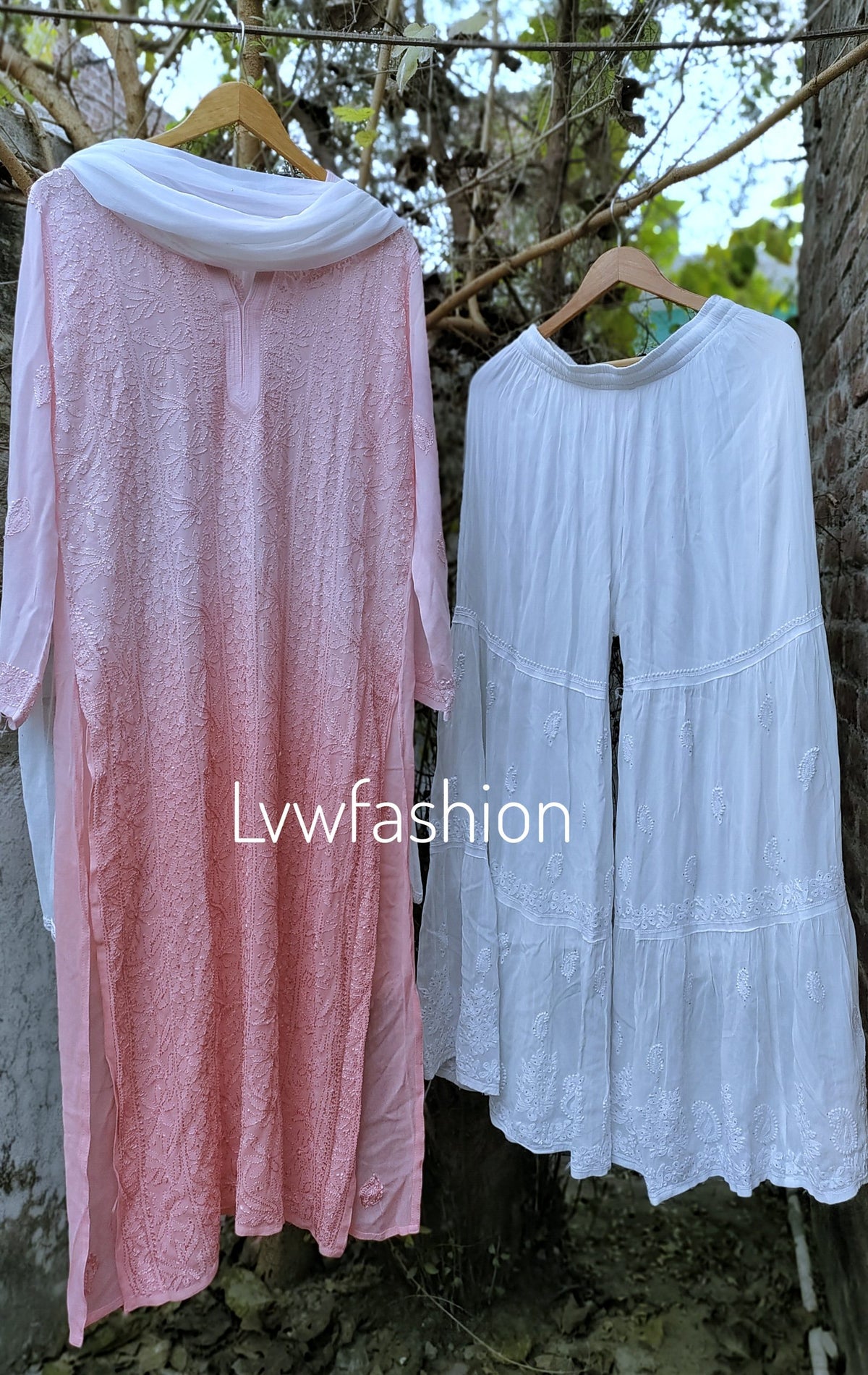 Peaches Premium Georgette Gharara 3-piece set with intricate Chikankari by LVW Fashion, featuring a luxurious traditional outfit.