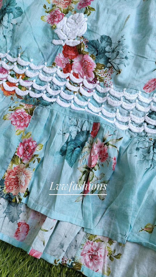 Beautiful pink floral printed Chikankari gown in pure cotton by LVW Fashion Luxurious Chikankari, shown with intricate embroidery details.