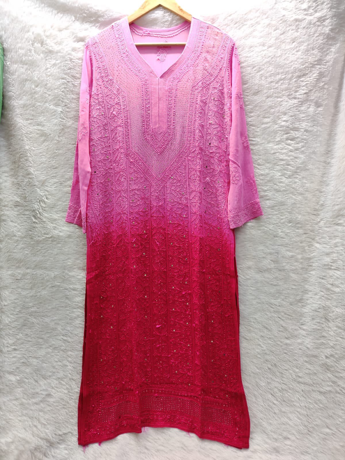 Pink heavy add-on premium georgette long kurta with intricate chikankari embroidery and matching slip by LVW Fashion Luxurious.