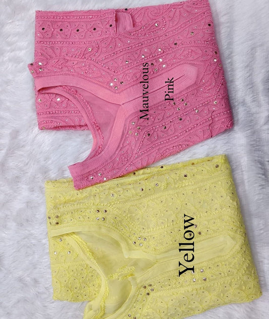 Pink premium georgette long kurta with slip chikankari and kamdani embroidery from LVW Fashion Luxurious Chikankari.