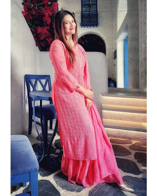 Pink premium georgette long kurta with slip chikankari and kamdani embroidery, crafted by LVW Fashion Luxurious Chikankari.