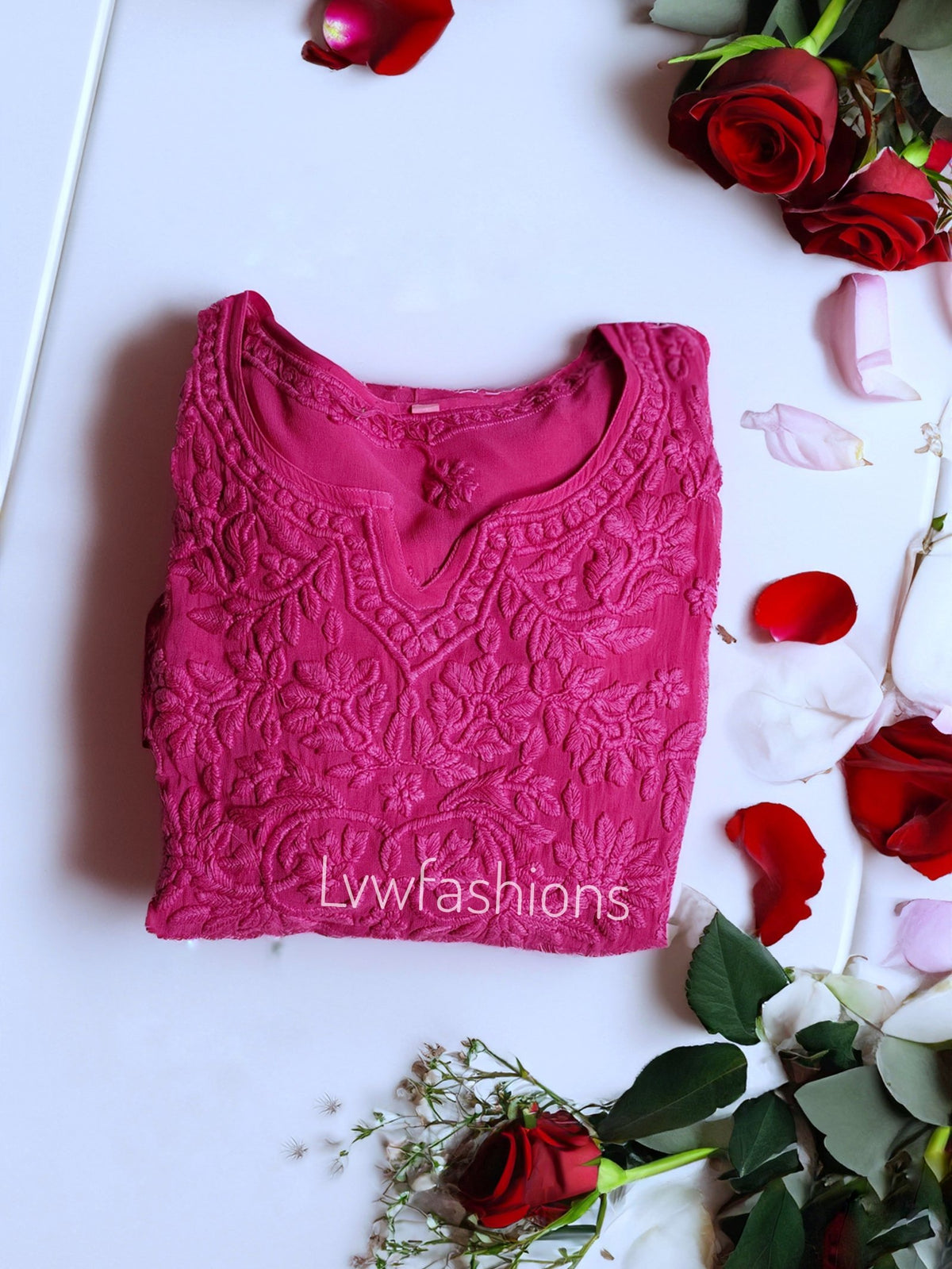 Pink Gazal Premium Georgette Tunic Dress with intricate both-side Chikankari embroidery, stylish and elegant by LVW Fashion.