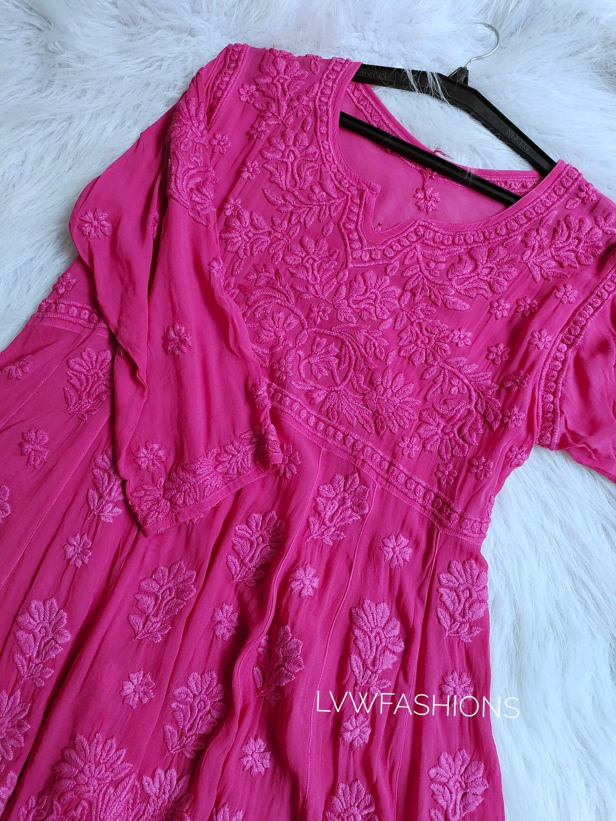 Pink Gazal Premium Georgette Tunic Dress by LVW Fashion with intricate both-side Chikankari embroidery.