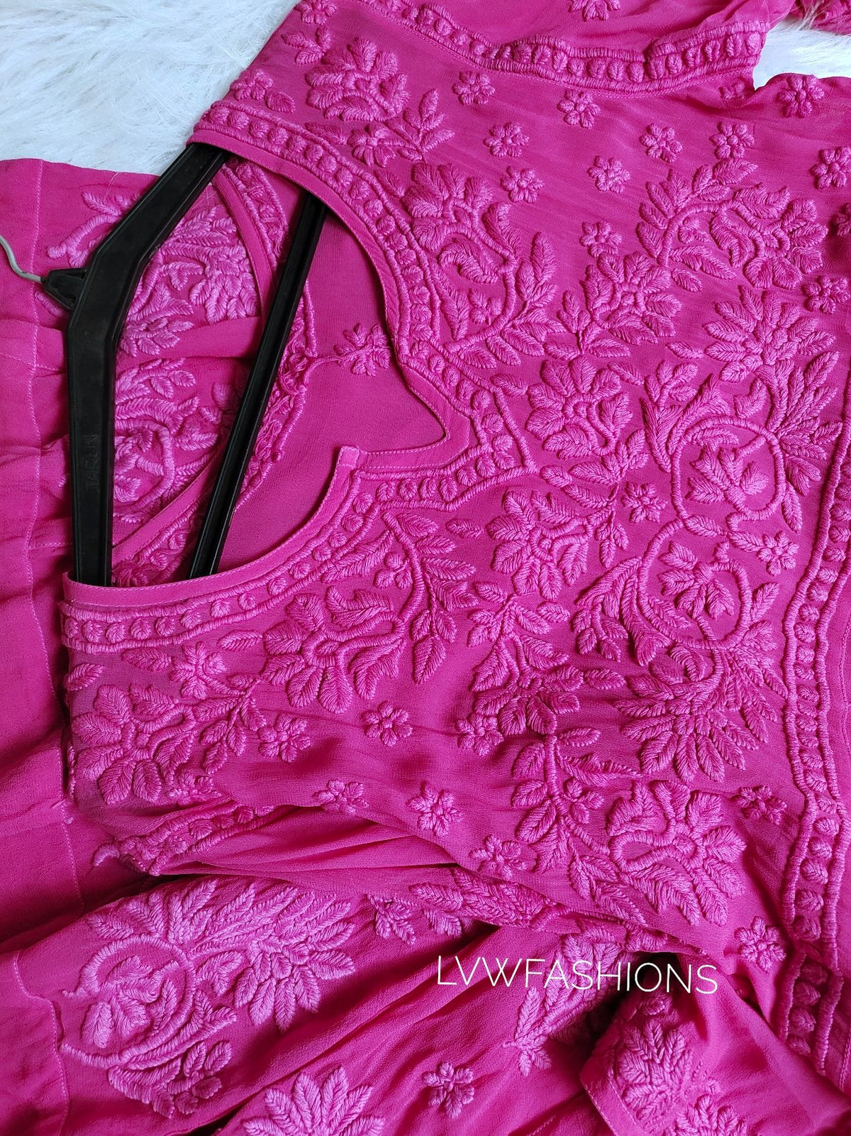 Pink Gazal Premium Georgette Tunic Dress with intricate side Chikankari embroidery, designed by LVW Fashion.