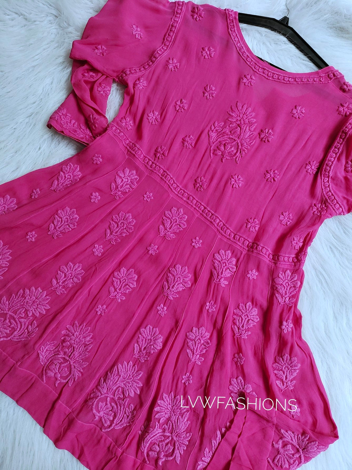 Pink Gazal Premium Georgette Tunic Dress with intricate side Chikankari embroidery by LVW Fashion.