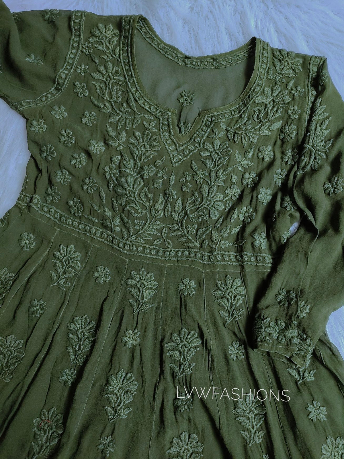 Pink Gazal Premium Georgette Tunic Dress with intricate both-side Chikankari embroidery, designed by LVW Fashion Luxurious Chikankari.