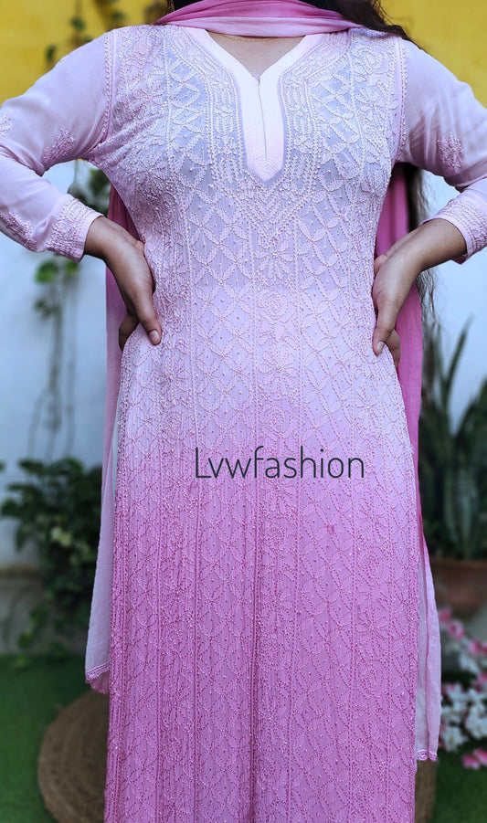 Pink ombre premium georgette 3-piece set by LVW Fashion with intricate chikankari embroidery, luxurious and elegant.