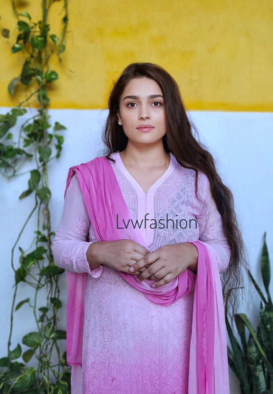 Pink ombre georgette 3-piece set by LVW Fashion Luxurious Chikankari featuring elegant fabric and intricate design details.