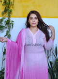 Pink ombre premium georgette 3-piece set by LVW Fashion Luxurious Chikankari, featuring elegant fabric and intricate details.