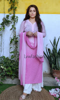 Pink ombre premium georgette 3-piece set by LVW Fashion Luxurious Chikankari featuring elegant, flowing fabric and detailed embroidery.