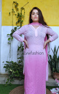 Pink ombre premium georgette 3-piece set by LVW Fashion Luxurious Chikankari, featuring traditional embroidery and elegant fabric.