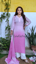 Pink ombre premium georgette 3-piece set by LVW Fashion Luxurious Chikankari, featuring elegant fabric and intricate detailing.