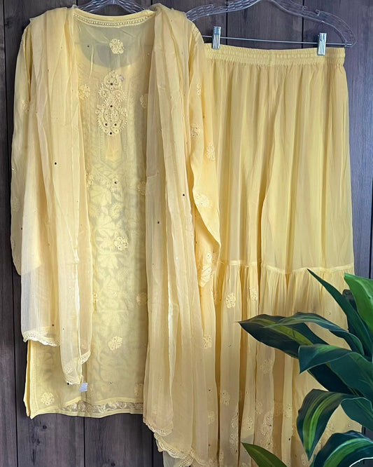 Pink INAYAT Premium Georgette Gharara Chikankari Kurta Set by LVW Fashion with intricate embroidery and traditional styling.