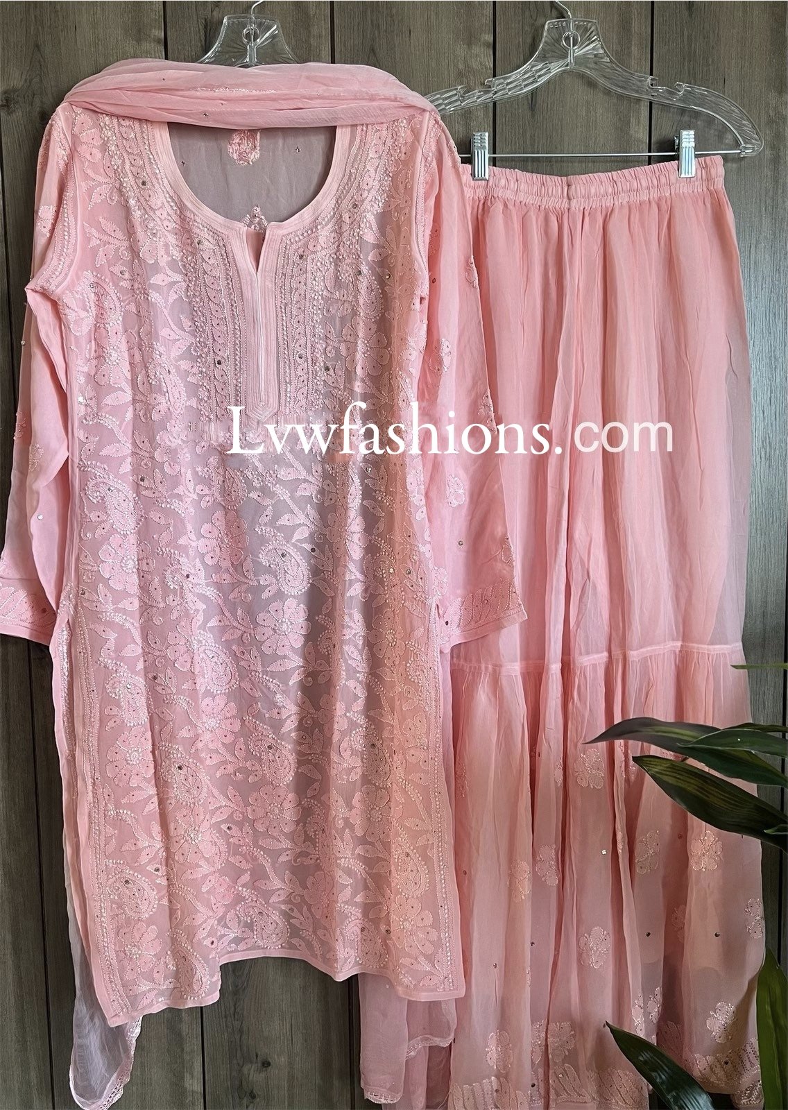 Pink premium georgette Gharara Chikankari Kurta set by LVW Fashion, featuring intricate embroidery and a traditional design.