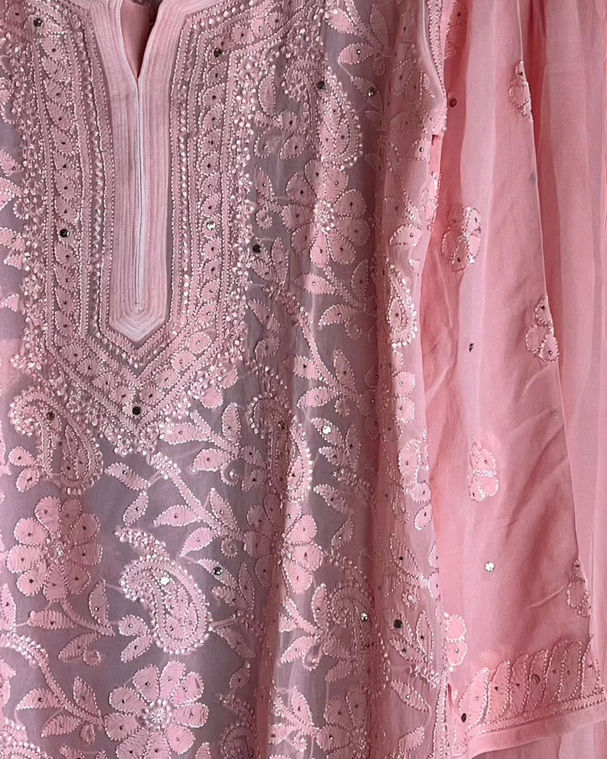 Pink premium georgette Gharara Chikankari Kurta set by LVW Fashion with intricate embroidery and traditional Indian design.