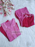 Pinkish premium georgette long kurta duptaa set with silk slip inner by LVW Fashion Luxurious Chikankari, showcasing intricate embroidery.