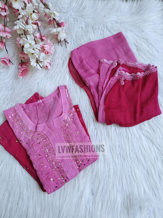 Pinkish premium georgette long kurta duptaa set with silk slip inner by LVW Fashion Luxurious Chikankari, showcasing intricate embroidery.