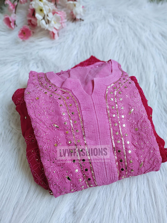 Pinkish premium georgette long kurta and duptaa set with silk slip inner by LVW Fashion Luxurious Chikankari, showcasing intricate embroidery.
