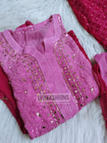 Pinkish premium georgette long kurta and dupatta set with silk slip inner, featuring intricate Chikankari embroidery by LVW Fashion.