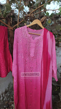 Pinkish premium georgette long kurta duptaa set with silk slip inner from LVW Fashion Luxurious Chikankari, detailed embroidery and elegant design.
