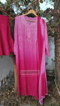 Pinkish premium georgette long kurta and dupatta set with silk slip inner from LVW Fashion Luxurious Chikankari, detailed embroidery.