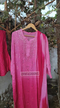 Pinkish premium georgette long kurta duptaa set with silk slip inner, featuring intricate Chikankari embroidery by LVW Fashion.