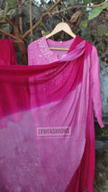 Pinkish premium georgette long kurta and dupatta set with silk slip inner by LVW Fashion Luxurious Chikankari, showcasing intricate embroidery.