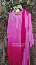 Pinkish premium georgette long kurta duptaa set with silk slip inner from LVW Fashion Luxurious Chikankari, showcasing intricate embroidery.