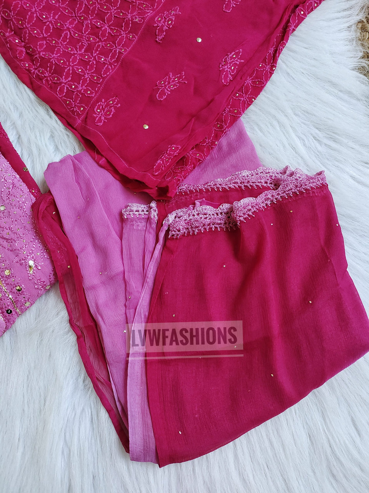 Pinkish premium georgette long kurta duptaa set with silk slip inner by LVW Fashion Luxurious Chikankari, detailed embroidery and flowing fabric.