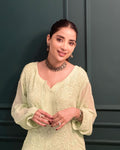 Beautiful green premium georgette short Kurtis with inner, by LVW Fashion Luxurious Chikankari, showcasing intricate embroidery.