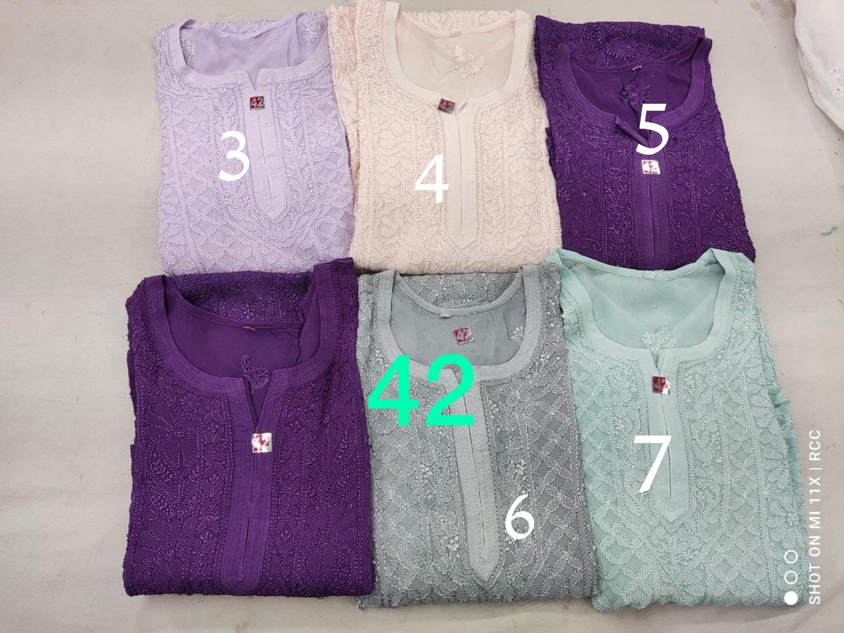 Beautiful premium georgette short kurti with chikankari embroidery and inner lining, by LVW Fashion in pista color.