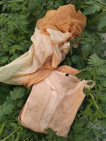 Powder Brown Premium Georgette Chikankari Kurta Dupatta