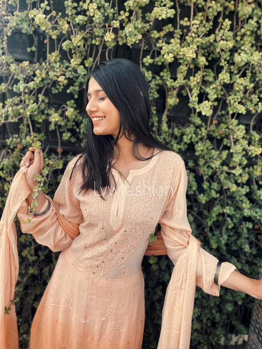 Lavender pink Powder Peach premium georgette kurta with silk slip and long neck booties, featuring intricate LVW Fashion Chikankari.